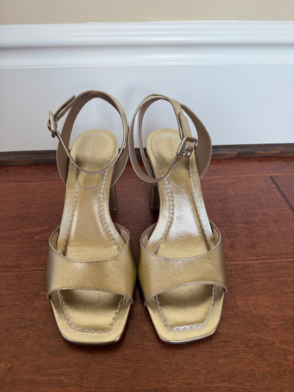 Bernardo Metallic Gold Ankle-Strap Block Heels
